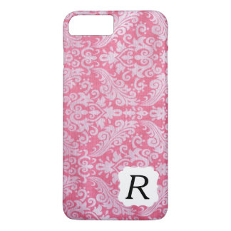 Monogrammen Roze Damask-telefoontas iPhone 8/7 Plus Hoesje