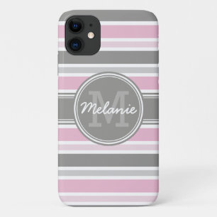 Monogrammen roze en grijze strepen patroon Case-Mate iPhone case