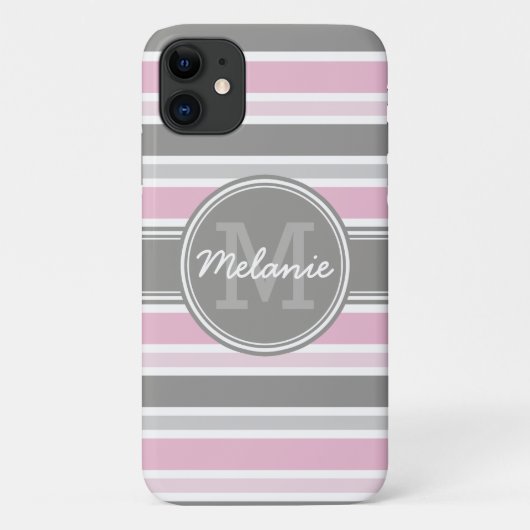 Monogrammen roze en grijze strepen patroon Case-Mate iPhone case (Achterkant)