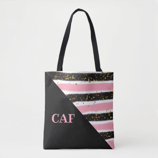 Monogrammen Roze en Zwarte Stripes Gold Glitter Tote Bag (Voorkant)