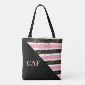 Monogrammen Roze en Zwarte Stripes Gold Glitter Tote Bag (Achterkant)