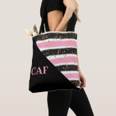 Monogrammen Roze en Zwarte Stripes Gold Glitter Tote Bag (Dichtbij)