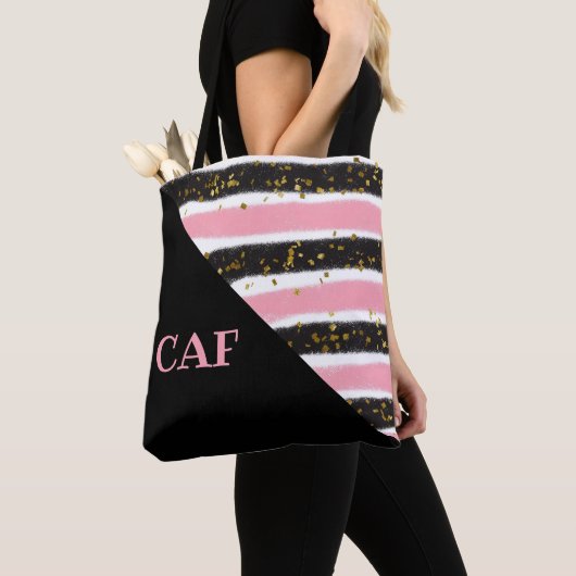 Monogrammen Roze en Zwarte Stripes Gold Glitter Tote Bag (Dichtbij)
