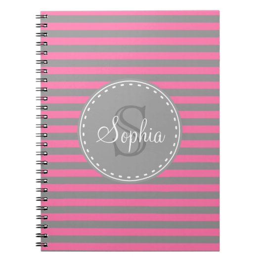 Monogrammen roze grijze strips notitieboek (Voorkant)