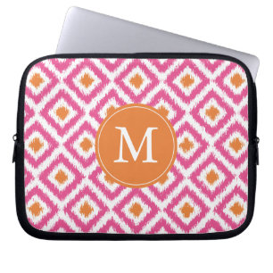 Monogrammen roze Tangerine Ikat Pattern Laptop Sleeve