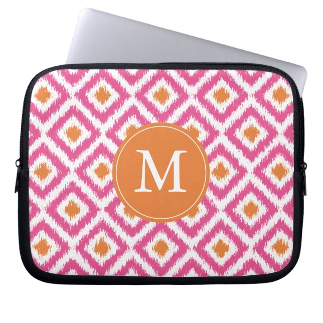 Monogrammen roze Tangerine Ikat Pattern Laptop Sleeve (Voorkant)