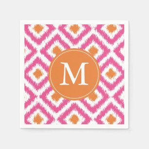 Monogrammen roze Tangerine Ikat Pattern Servet