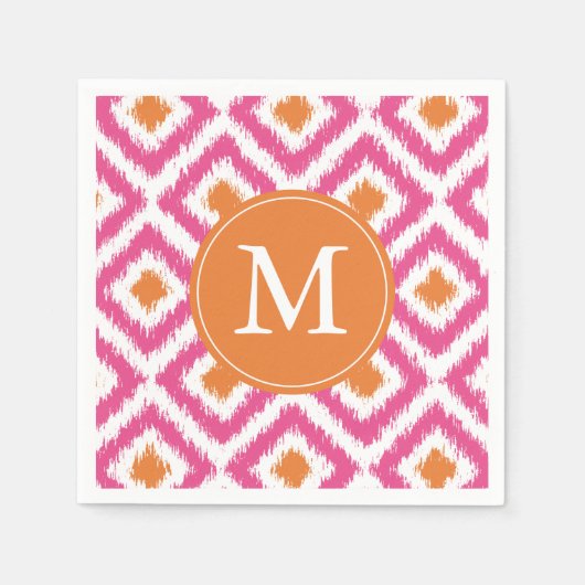 Monogrammen roze Tangerine Ikat Pattern Servet (Voorkant)