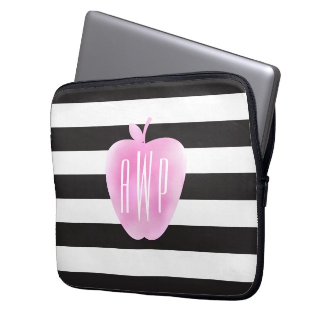 Monogrammen roze Waterverf Apple + Stripes Laptop Sleeve (Voorkant Links)