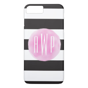 Monogrammen roze Waterverf zwart + witte strepen iPhone 8/7 Plus Hoesje