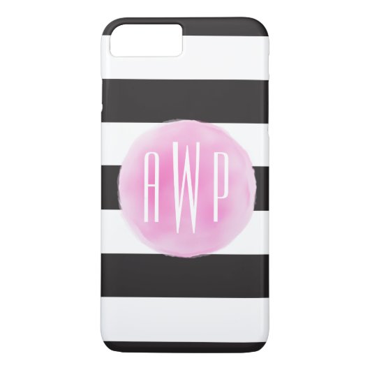 Monogrammen roze Waterverf zwart + witte strepen Case-Mate iPhone Case (Achterkant)