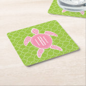 Monogrammen roze Zee Turtle Green Quatrefoil Kartonnen Onderzetters (Schuin)