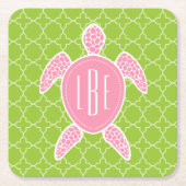 Monogrammen roze Zee Turtle Green Quatrefoil Kartonnen Onderzetters (Voorkant)