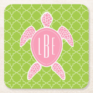 Monogrammen roze Zee Turtle Green Quatrefoil Kartonnen Onderzetters