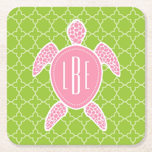 Monogrammen roze Zee Turtle Green Quatrefoil Kartonnen Onderzetters (Voorkant)