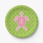 Monogrammen roze Zee Turtle Green Quatrefoil Papieren Bordje (Voorkant)