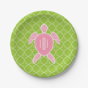 Monogrammen roze Zee Turtle Green Quatrefoil Papieren Bordje