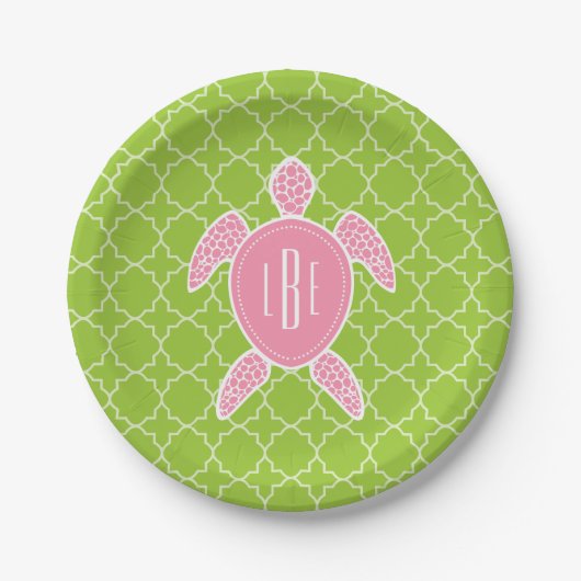 Monogrammen roze Zee Turtle Green Quatrefoil Papieren Bordje (Voorkant)