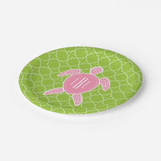 Monogrammen roze Zee Turtle Green Quatrefoil Papieren Bordje (Gekanteld)