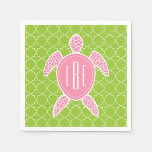 Monogrammen roze Zee Turtle Green Quatrefoil Servetten