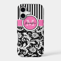 Monogrammen roze, zwart, witte stripte Damask