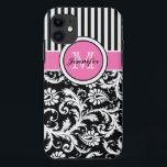 Monogrammen roze, zwart, witte stripte Damask iPhone 11 Hoesje<br><div class="desc">Monogrammed moderne roze,  zwarte en witte strepen met vouw Hoesje-Mate Vibe™ iPhone 5 Hoesje.</div>