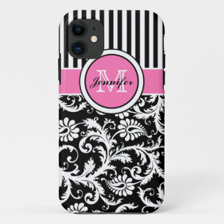 Monogrammen roze, zwart, witte stripte Damask iPhone 11 Hoesje