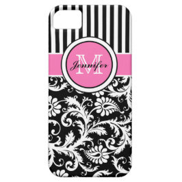 Monogrammen roze, zwart, witte stripte Damask iPhone 11 Hoesje