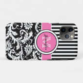 Monogrammen roze, zwart, witte stripte Damask Case-Mate iPhone Case (Achterkant (horizontaal))