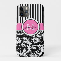 Monogrammen roze, zwart, witte stripte Damask