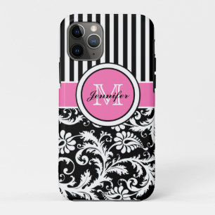 Monogrammen roze, zwart, witte stripte Damask Case-Mate iPhone Case