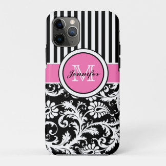 Monogrammen roze, zwart, witte stripte Damask Case-Mate iPhone Case