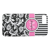 Monogrammen roze, zwart, witte stripte Damask Case-Mate iPhone Case (Achterkant (Horizontaal))