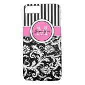 Monogrammen roze, zwart, witte stripte Damask Case-Mate iPhone Case (Achterkant)
