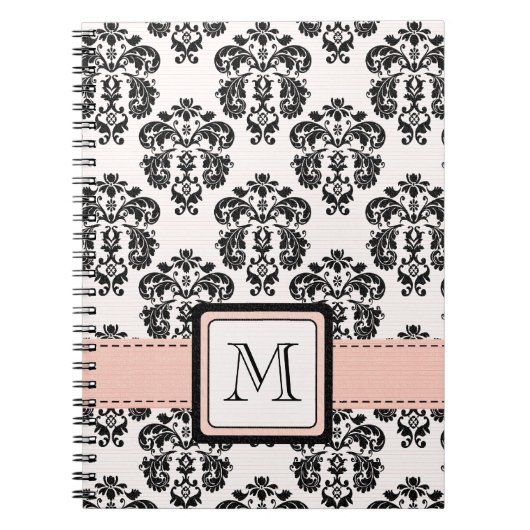 Monogrammen roze zwarte Damask spirale notebookjou Notitieboek (Voorkant)