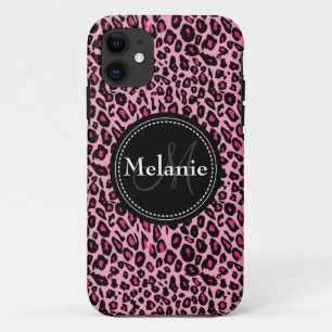 Monogrammen roze zwarte witte luipaard iPhone 11 hoesje