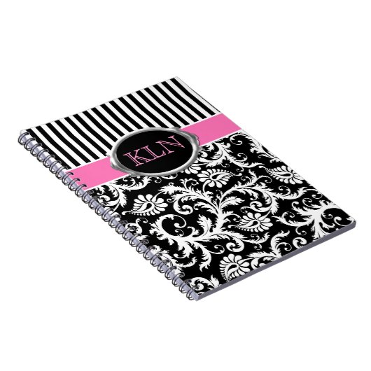 Monogrammen roze zwarte witte stripte Damask Notitieboek (Rechterzijde)