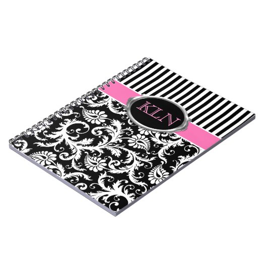 Monogrammen roze zwarte witte stripte Damask Notitieboek (Linkerzijde)