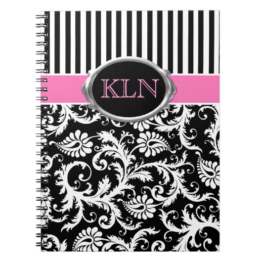 Monogrammen roze zwarte witte stripte Damask Notitieboek (Voorkant)