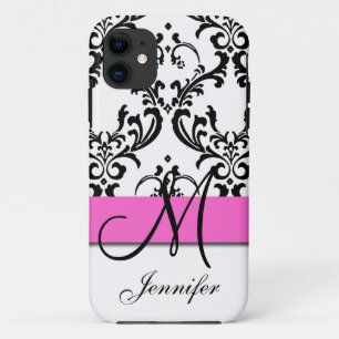 Monogrammen roze zwarte witte zirls Damask Case-Mate iPhone Case