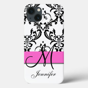 Monogrammen roze zwarte witte zirls Damask Case-Mate iPhone Case