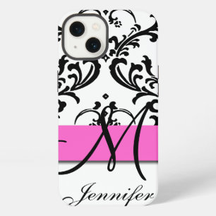 Monogrammen roze zwarte witte zirls Damask iPhone 13 Hoesje