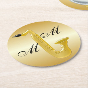 Monogrammen Saxophone Gold gekleurd Ronde Kartonnen Onderzetter