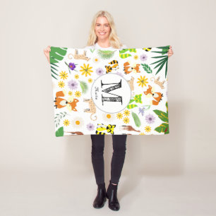 Monogrammen schattig safari patroon raccoons wit fleece deken