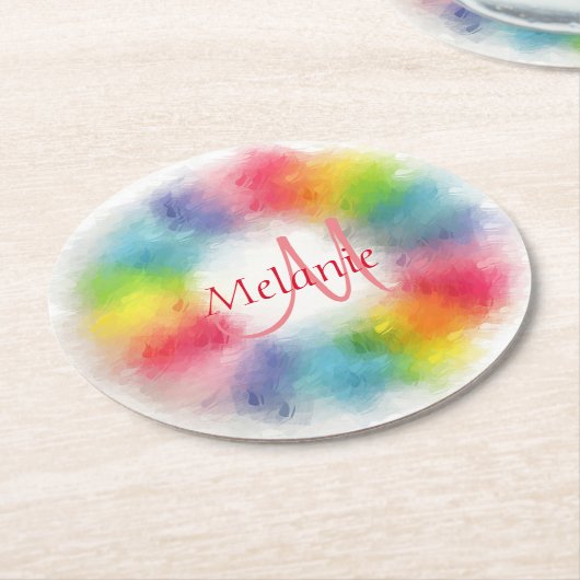Monogrammen Sjabloon Aangepaste Moderne Regenboog Ronde Kartonnen Onderzetter (Gebogen)