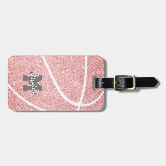 monogrammen sportgeschenken meisjes roze basketbal bagagelabel (Voorkant horizontaal)