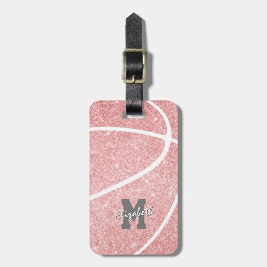 monogrammen sportgeschenken meisjes roze basketbal bagagelabel (Voorkant verticaal)