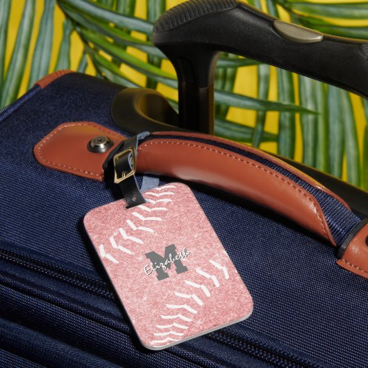 monogrammen sportgeschenken meisjes roze softball bagagelabel (Voorkant Insitu 1)