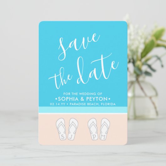 Monogrammen Teenslippers Beach Wedding Modern Simp Save The Date (Staand voorkant)