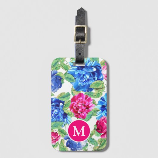 monogrammen van Bright Roze en Blauwe Floral Bagagelabel (Voorkant (verticaal))